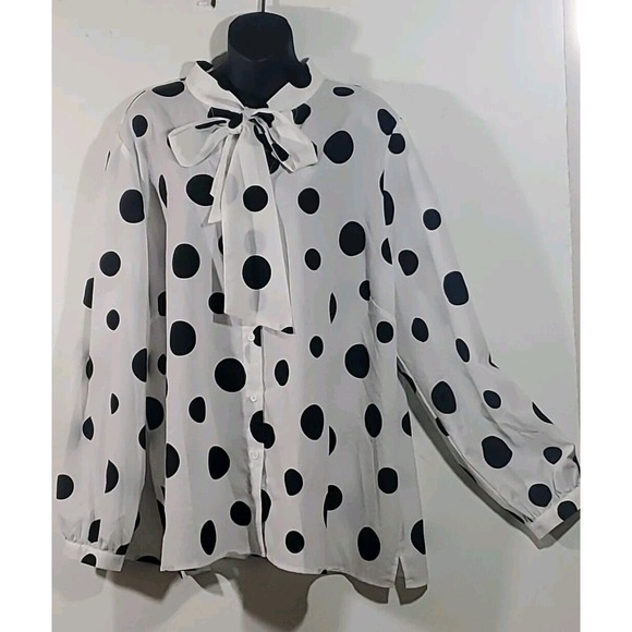 Eloquii 24 White Black Polka Dots Tie At Neckline Button Down Long Sleeve Blouse - Picture 2 of 11
